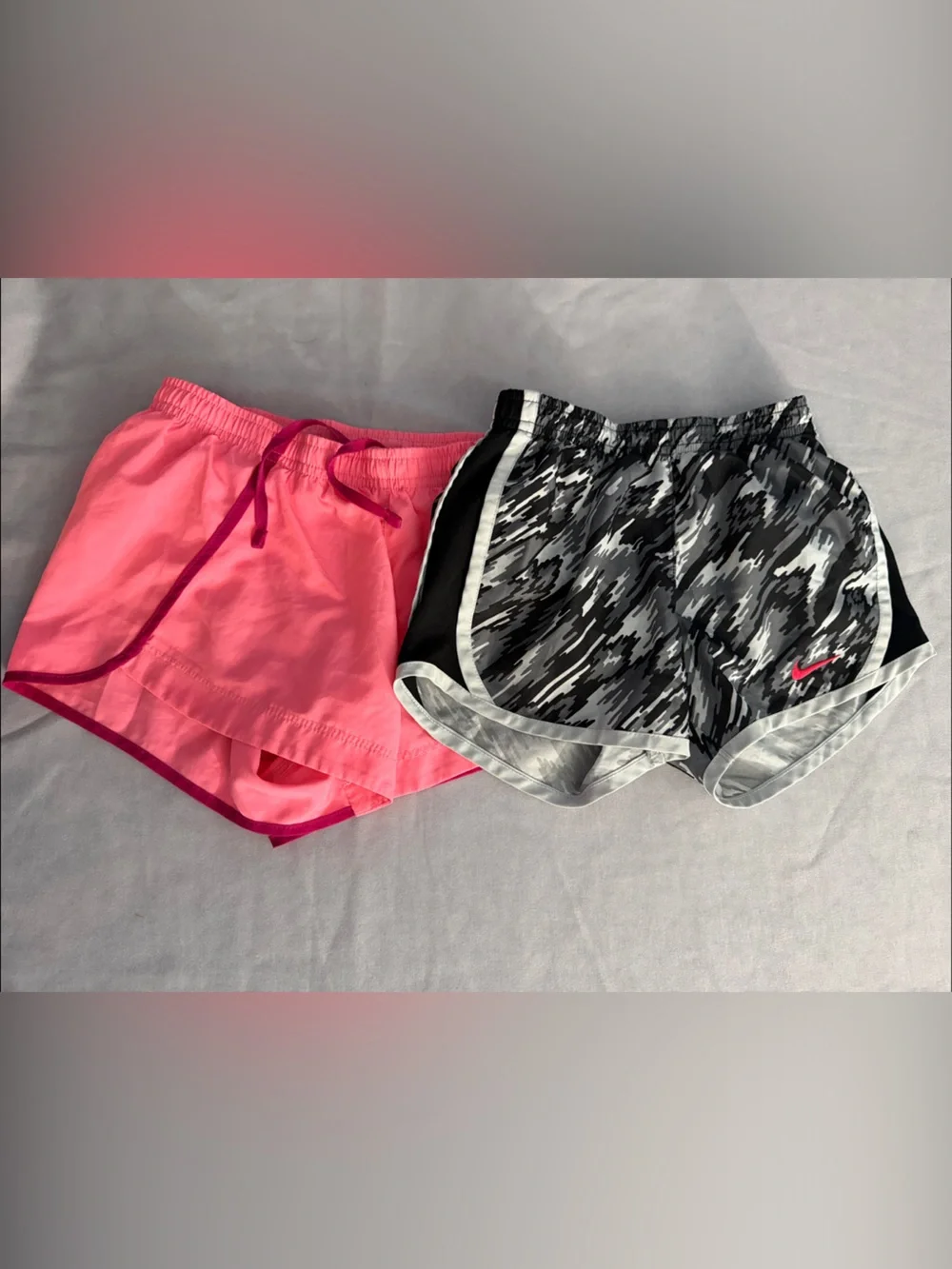 Nike Girls Bright Pink Running Shorts + Black Gray Camo Nike Shorts Set